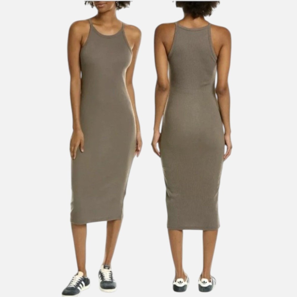 James Perse Olive Green Tubular Rib Tank Dress WRTT6960 Womens Size 3 L Midi